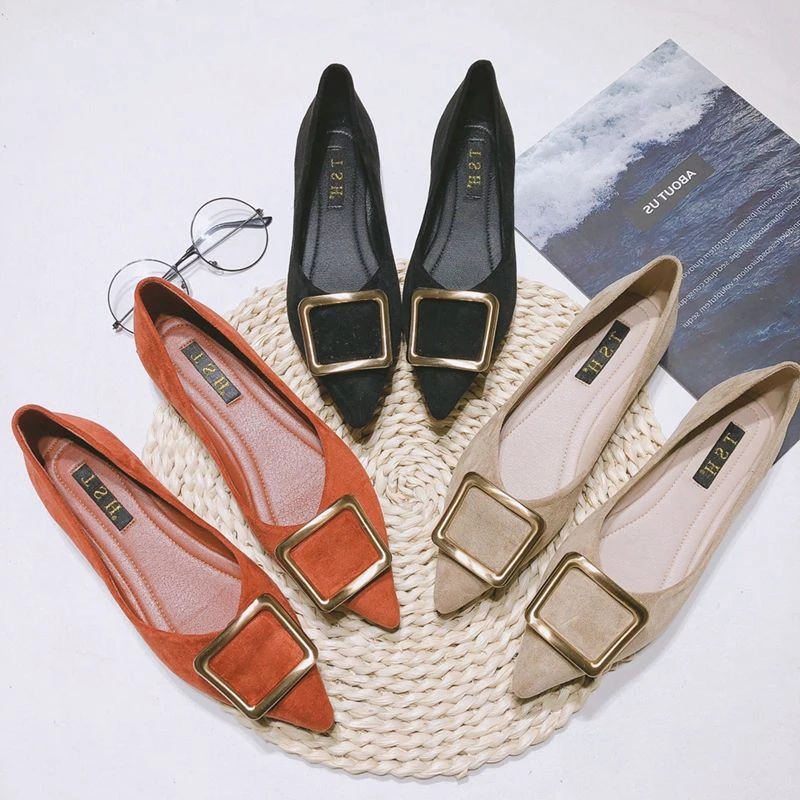 

Women Flats Flock Leather Solid Color Size 31 32 44 45 46 Pointed Toe All Match Basic Simple Lady Working Shoes Flat Bottom