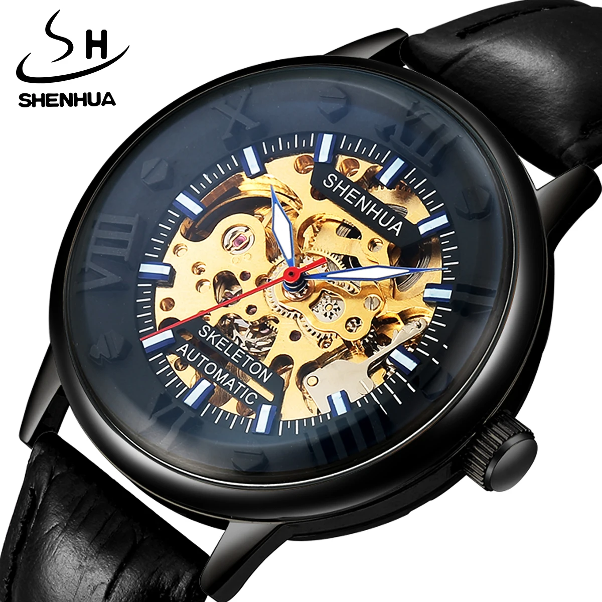 SHENHUA Black Genuine Leather Gold Skeleton Texture Crown Automatic Diver Roma Number Male Mechanical Watch Relogio Masculino 38mm japan nh35 black manual splice mother of pearl shell dial ar domed sapphire glass 200m diver square auto men watch luminous