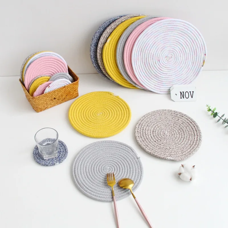 

Nordic Hand-woven Cotton Rope Placemats Coaster Bowl Insulation Pad Kitchen Dinner Table Mats 4 size