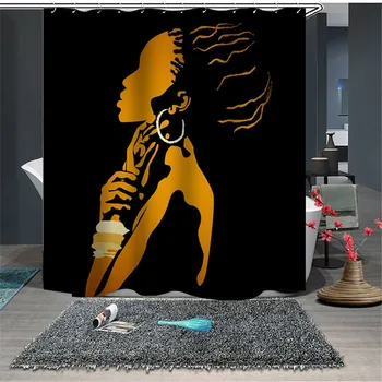 

African Girl Shower Curtain Black Women Fluffy Hair Pebbles Fabric Shower Curtain Set Bathroom Decor Waterproof