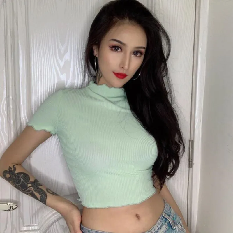 2020 Short Sleeve Sexy Crop Tops Summer Women Fashion Casual Bodycon Stretchy T-shirts