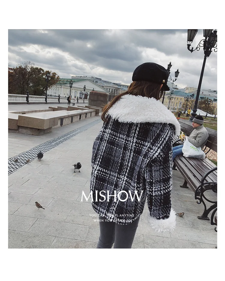 Mishow Зимние Короткие Шерстяные Пальто Женщин Плед Свободные Пальто С Длинным рукавом Большой Меховой Воротник Толстая Шерстяная Куртка Пальто MX18D8211