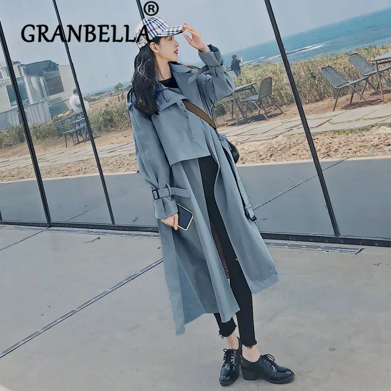 

Windbreaker Autumn Winter Overcoat Casual Chic Loose Lady Harbor Coats Belt Full Sleeve Solid Color