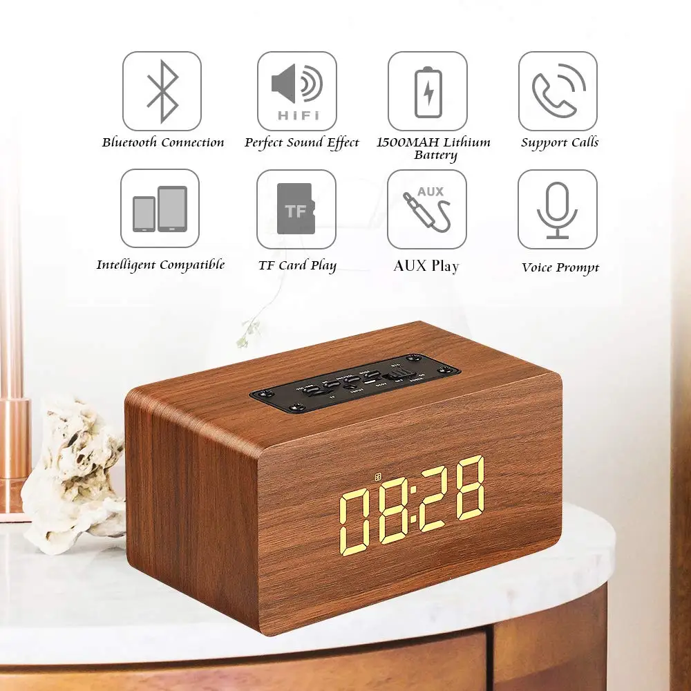 Abuzhen портативный динамик Bluetooth динамик s цифровой Деревянный Будильник сабвуфер Саундбар светодиодный дисплей времени TF карта громкой связи