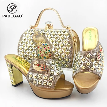 

2020 Spring Golden Color African Women Sandals Match Hand Bag Italian Lady Shoes and Bag Set for Wedding Party
