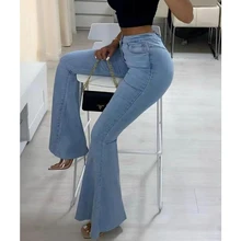 Jeans Vintage Slim couleur unie pour femmes, pantalon évasé en Denim avec boutons décontractés, taille haute, automne et hiver