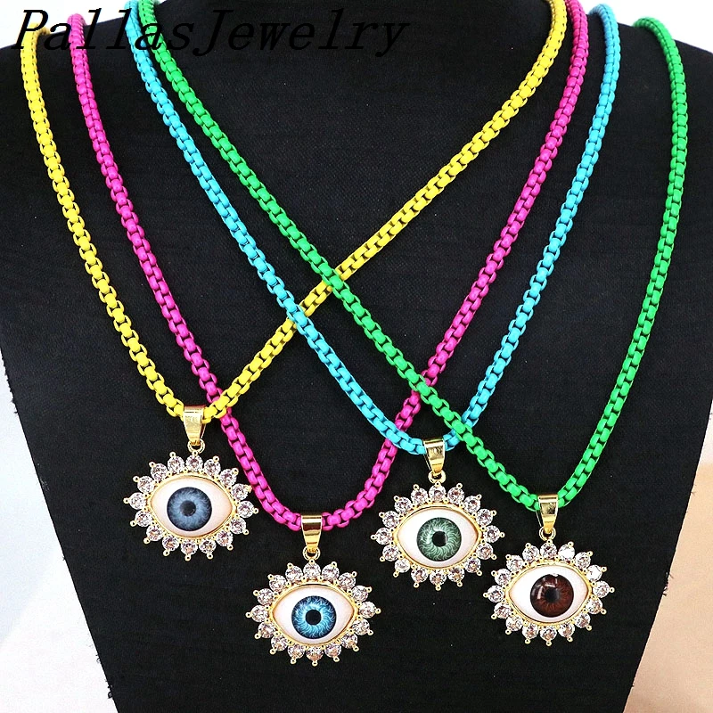 

5Pcs Fashion New Gold Plated Cubic Zirconia Pave Eye Pendant Necklace,Unique Enamel Chain Link Chain Necklace Jewelry