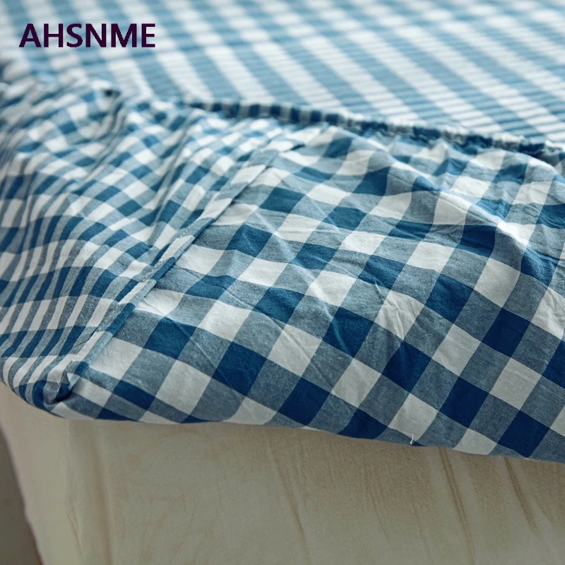 Dark blue plaid AHSNME темно-синий плед хлопковое постельное белье супер мягкие parure де горит Открытая Летняя обувь простой водой натяжная простыня 135/150/200/180/200 см - Цвет: Dark blue plaid