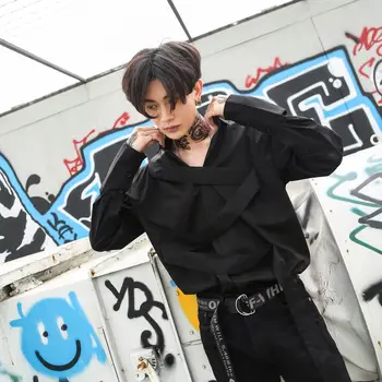 

Men Long Sleeve Casual Shirts High Street Fashion Male Punk Hip Hop Black Dress Shirt Stage Clothing