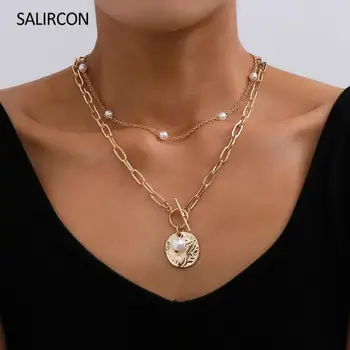

Salircon Steampunk Coin Pendant Choker Necklace For Women Layered Chains Imitation Pearl Necklace Collar Fashion Jewelry Gifts