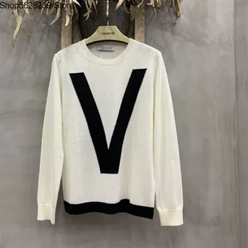 

Female Wool Cashmere Contrast Color Big V Letter Round Neck Pullover Long Sleeve Joker Knitting Backing Shirt