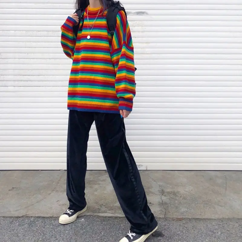 Women Teens Autumn Long Sleeve Knit Sweater Korean Harajuku Rainbow Stripes Patchwork Loose Jumper Hip Hop Pullover Tunic Tops