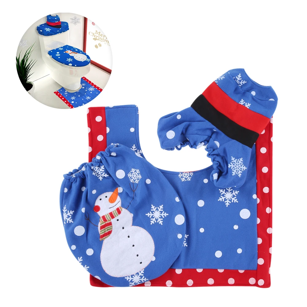 3pcs/set Christmas Decorations Toilet Seat Cover+ U-shaped Rug+ Tank Lid Tissue Box Cover Set Christmas Decoration for Home