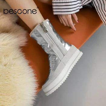 

Bescone Winter Warm Mid-calf Boots Woman Silver Bright Leather High Platform Wool Height Increasing Insole Round Toe Boots BM611