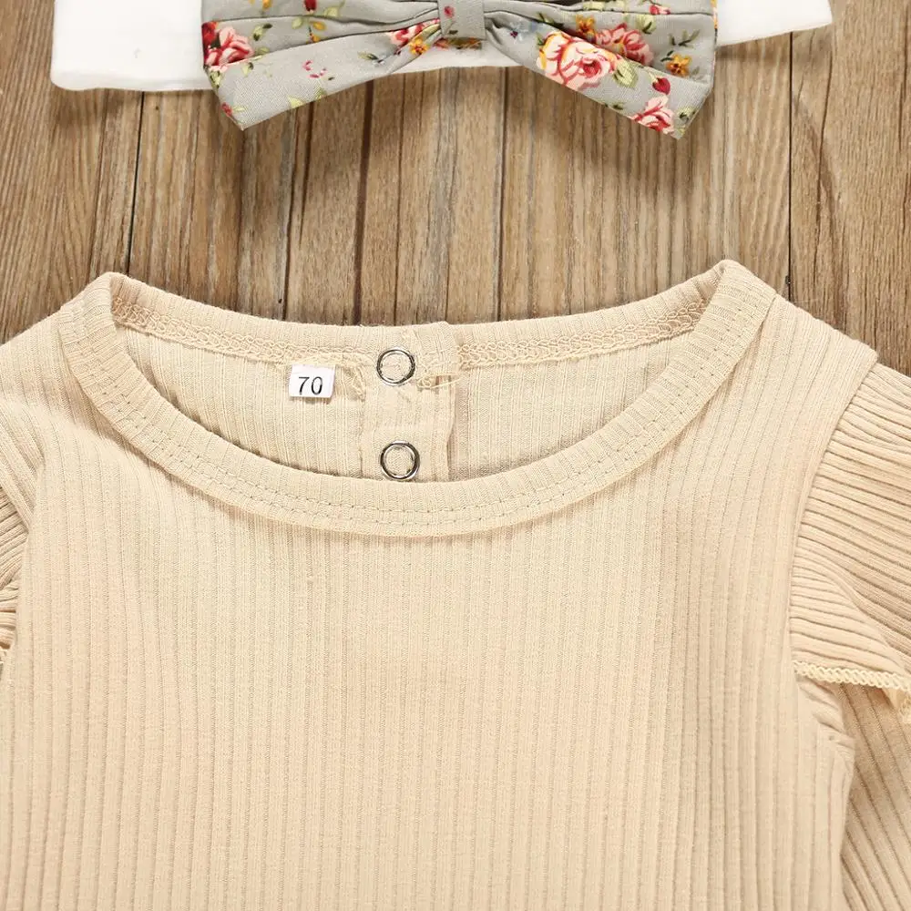 Комплекты одежды для новорожденных девочек комбинезон с длинными рукавами для малышей Топы+ штаны с цветочным рисунком+ набор повязок комплект одежды для маленьких девочек