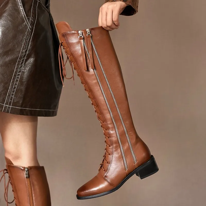 Ochanmeb Natural Cow Leather Knee High Boots Women Lace up Punk Zipper Charm Cross Tied Knight Boot Woman Fall Winter Shoes Chic | Обувь