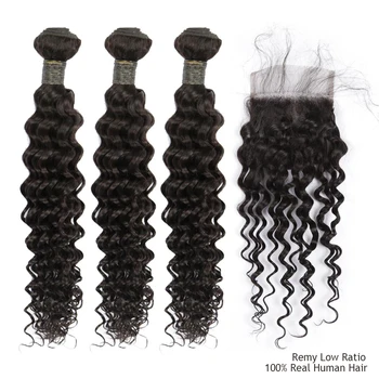 

Remy Deep Curly Bundle With Closure 4x4 Pre Plucked With Baby Hair Deal Peruvian Hair Weave Bundle 100% Real Human Hair In Bulk