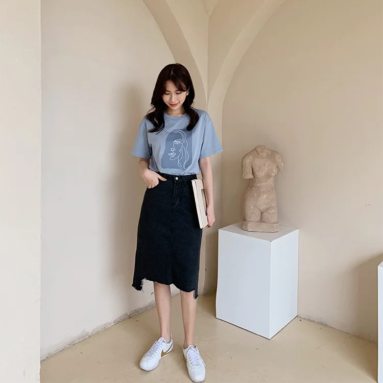 Abstract Print T-shirt Female Short Sleeve 2020 Summer New O-Neck Korean Women's Casual Tops Tees Harajuku