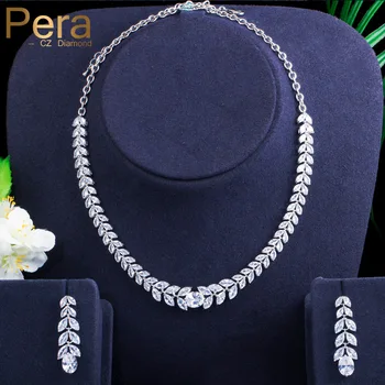 

Pera New Designer Classic Leaf CZ Simple White Gold Long Drop Earrings Necklaces Chain for Wedding Party Dress Jewelry Sets J314