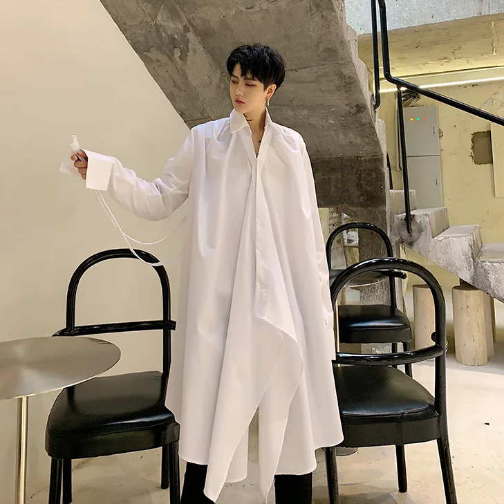 2022 Men's loose casual shirt with irregular waist and long sleeves street style gothic shirt stage costume