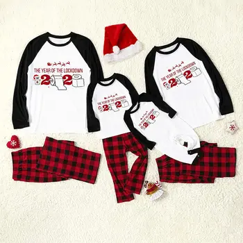 安い 2020クリスマス家族マッチングパジャマセットクリスマスツリープリントtシャツトップ + チェック柄弾性パンツ親子衣装パジャマ