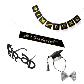

2020 Gradu Cap GRAD Glasses Headband Eyeglasses Sash Bow Tie Banner Set for Graduate Party Ceremony