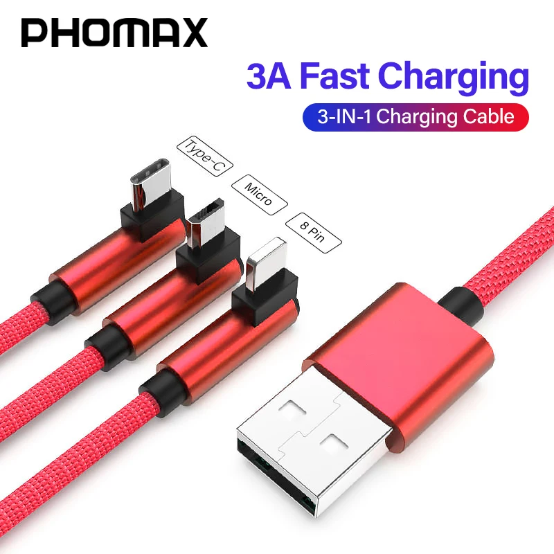 

PHOMAX USB Cable 3 in 1 For iPhone XS Max XR X 8 7 Charger Micro USB Cable For Android USB TypeC for Samsung S9 S8 Phone Cables