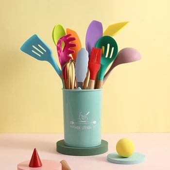 

12pcs Colorful Silicone Kitchenware High Temperature Resistance Non-stick Pan Spatula Spoon Wooden Handle Cooking Kitchen Tools