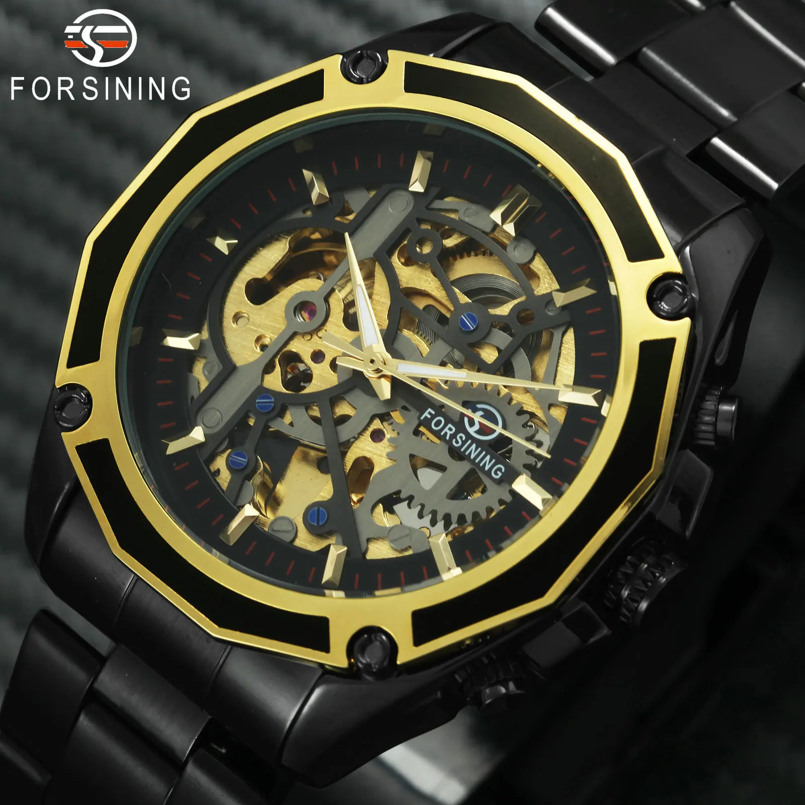 

FORSINING Golden Top Brand Luxury Auto Mechanical Watch Men Stainless Steel Strap Skeleton Dial Fashion Business Wristwatches