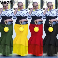 VAZN дизайн Pring сексуальный женский светильник длинная джинсовая юбка много оборками Кружева Высокая талия оборки юбка turmpet юбки