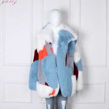

Fashion Trend Turn-down Collar Full Sleeve Color Matching Long Fur Coat Women Wool Coat Thick Warm Winter Woolen Coat