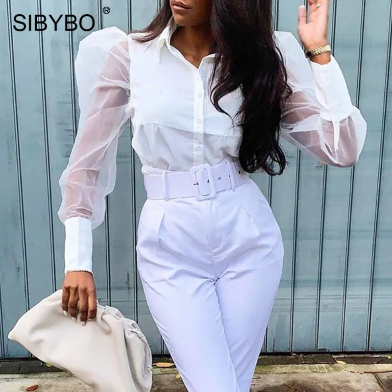 Женская прозрачная рубашка с сеткой SIBYBO повседневная облегающая блузка длинным