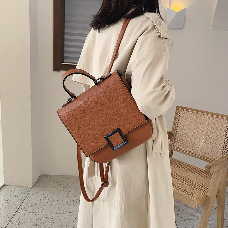 Women's PU Leather Backpack Door Lock Bag Casual Simple Double Shoulder Student Backpack Fashionable Large Capacity Travel Bag