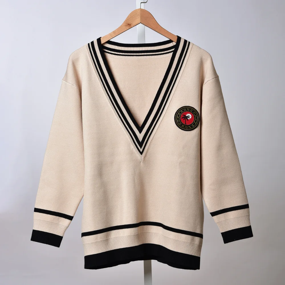 

Women's V-neck Badge Striped Sweater Spring Autumn Long Sleeve Loose Preppy Style Knit Pull Lady Tops