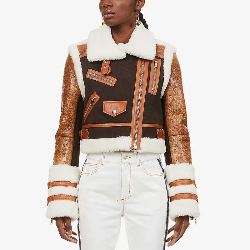 

2022 Winter New Ladies Jacket Clothing Lace Up Collar Diagonal Zipper Deerskin Velvet Fur Splicing Short Jacket Veste Femme