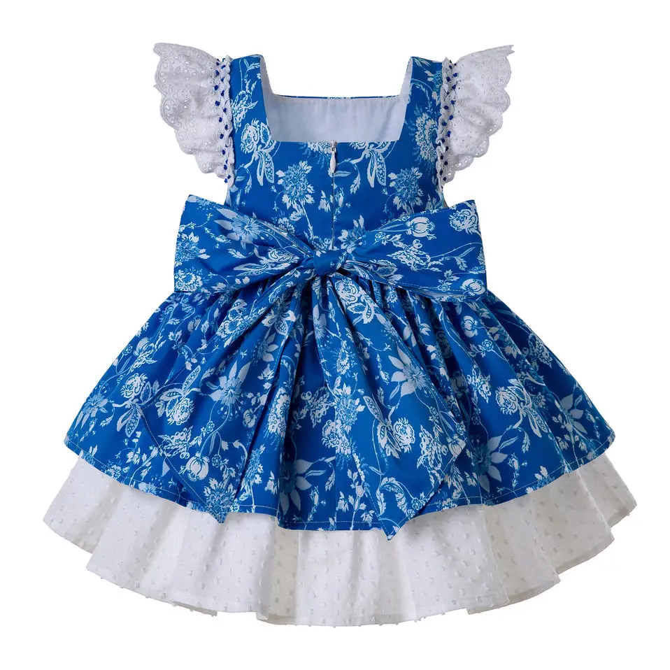 Cutestyles/синяя одежда с цветочным рисунком для маленьких девочек; летние милые вечерние платья без рукавов с белым бантом; детская одежда; EG-DMGD203-56