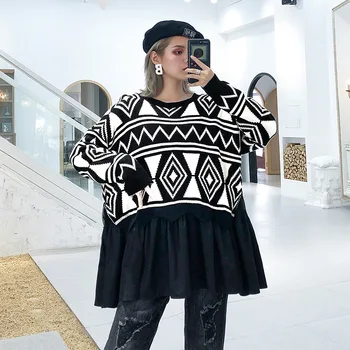 

6XL plus size Fashion Design Sweater Women Jumper Winter Loose Sleeve Knitted Pullover Sweater Female O-Neck Ruffles Geometric
