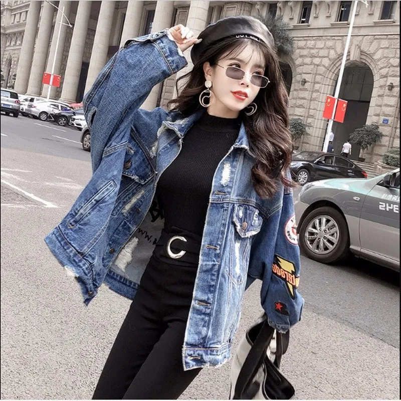 price reduction 2019 Harajuk Loose Denim Jacket Women Embroidery Jeans Coat Hip Hop Hole Single Breasted Jeans Jack