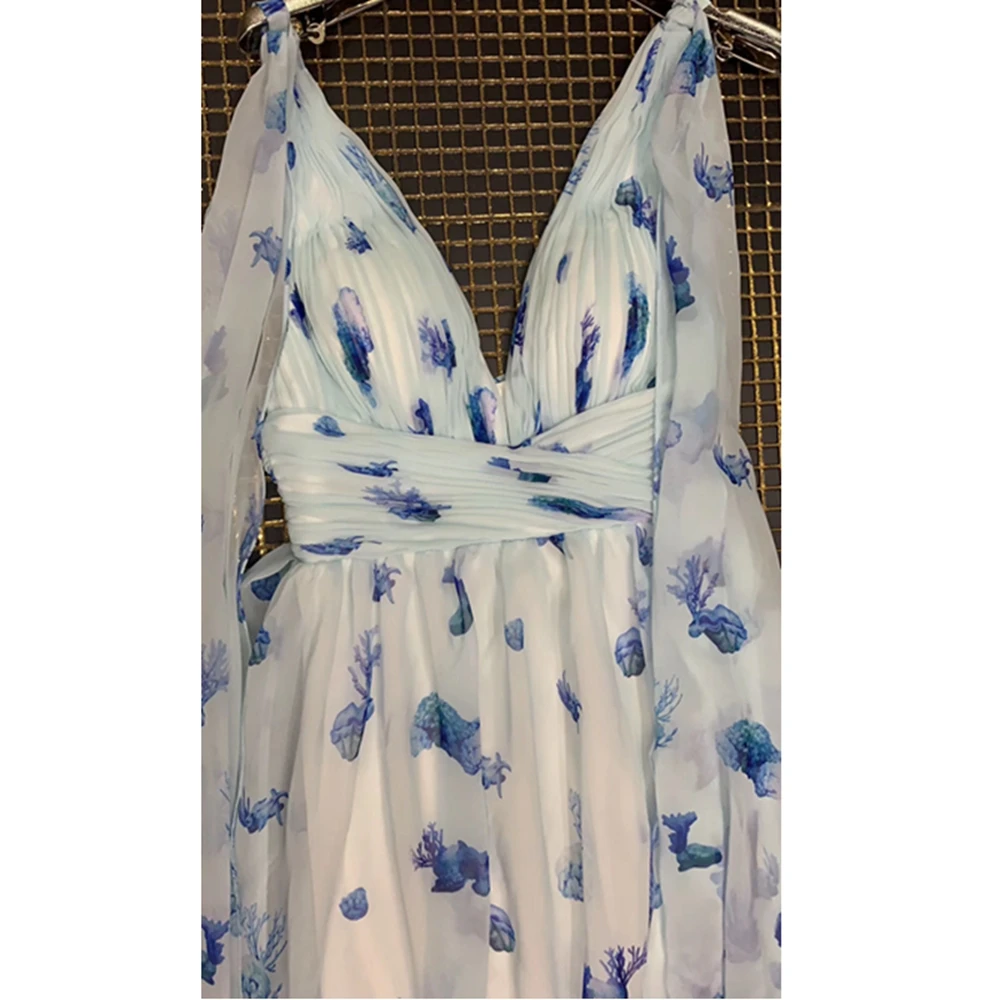 Новое летнее небесно-голубое длинное модное платье без рукавов Vestidos Celebrity Evning вечерние шифоновые платья с v-образным вырезом и открытой спиной