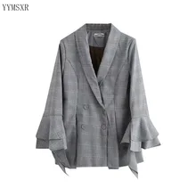 Women's jacket small suit feminine 2020 New Elegant Flare Sleeve Plaid Ladies Blazer Retro women coat