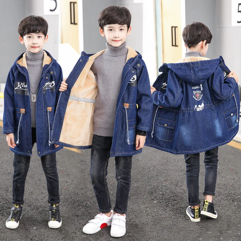

2019 Winter New Style Childrenswear BOY'S Middle And Large Children Printing plus Velvet Denim Windbreaker Thick Coat