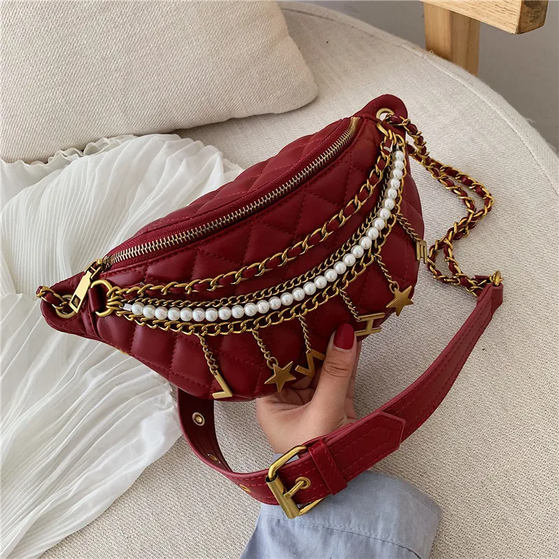 Женская поясная сумка на пояс, маленькая Женская поясная сумка Ins, новая вместительная сумка на плечо с цепочкой из дикого жемчуга, диагональная нагрудная поясная сумка