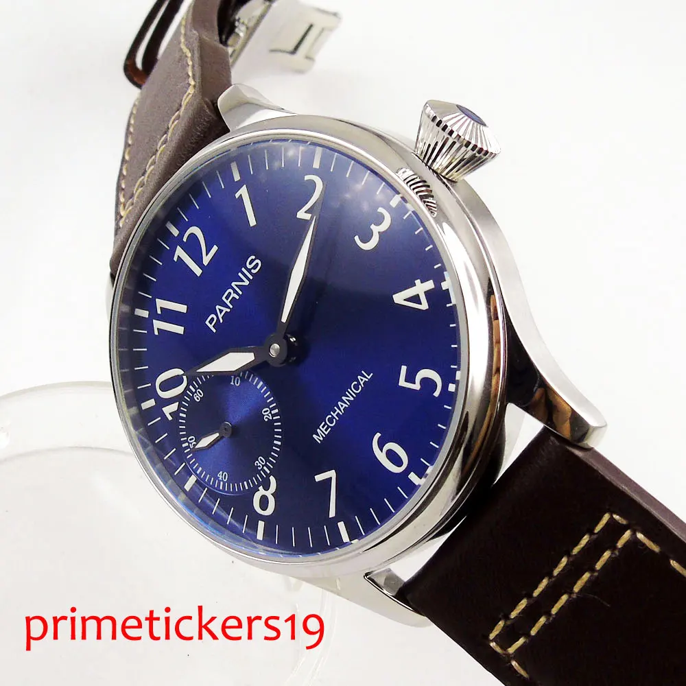 

New arrival luxury 44mm parnis blue dial luminous marks 6497 movement hand winding mens watch leather strap 2D
