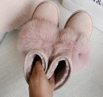 Pink JIANBUDAN/зимние сапоги с лисьим мехом; милые теплые зимние ботильоны из плюша для девочек; модные зимние сапоги из натуральной кожи на плоской подошве; женская обувь; Размеры 35-40 - Цвет: Pink