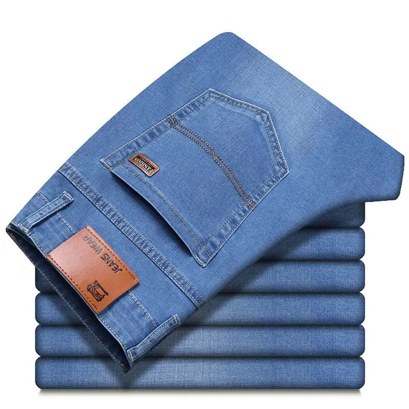 Pantalones vaqueros clásicos para hombre, ajustados, de cintura media, elásticos, de alta calidad, informales, de negocios, Vaquero elástico, azul de marca, 2020