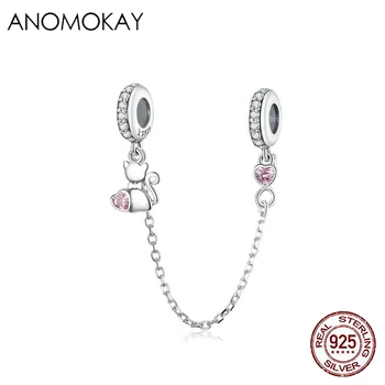 

Anomokay 925 Silver Pet Cat Heart Safety Chain with Silicone 925 Sterling Silver Animal Charm for Bracelet & Bangle DIY Jewelry