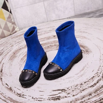 

Women Leather velvet stitching boots suede slip-on rivet ankle boots cool Genuine Leather keep warm in autumn and winter