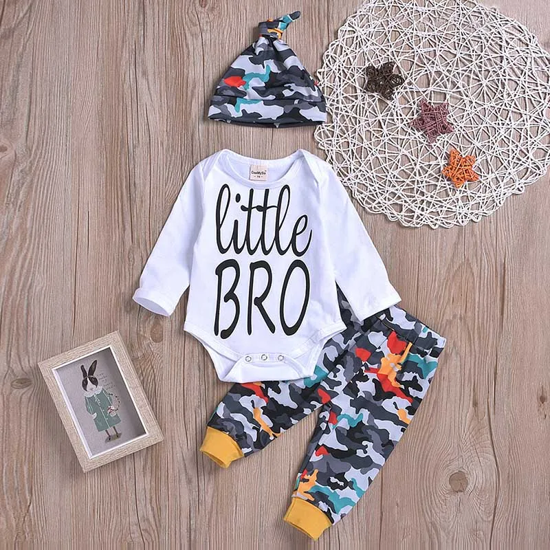 

Autumn Casual Fashion Baby Boy Girl Clothes 0-24M Print Romper And Camouflage Trousers And Hat Kids Three-piece Outfit Set #23