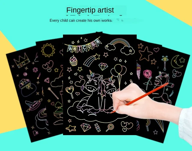 1Set Magic Color Rainbow Dinosaur  Cartoon Scratch Art Painting Paper Card Kit Drawing Stick Kids DIY Drawing Toys 2