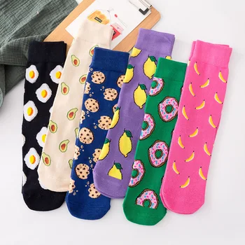 

Cartoon Poached Egg Banana Lemon Donut Women Crew Socks Fashion Casual Cute Skarpetki Harajuku Warm Cotton Funny Happy Art Sock